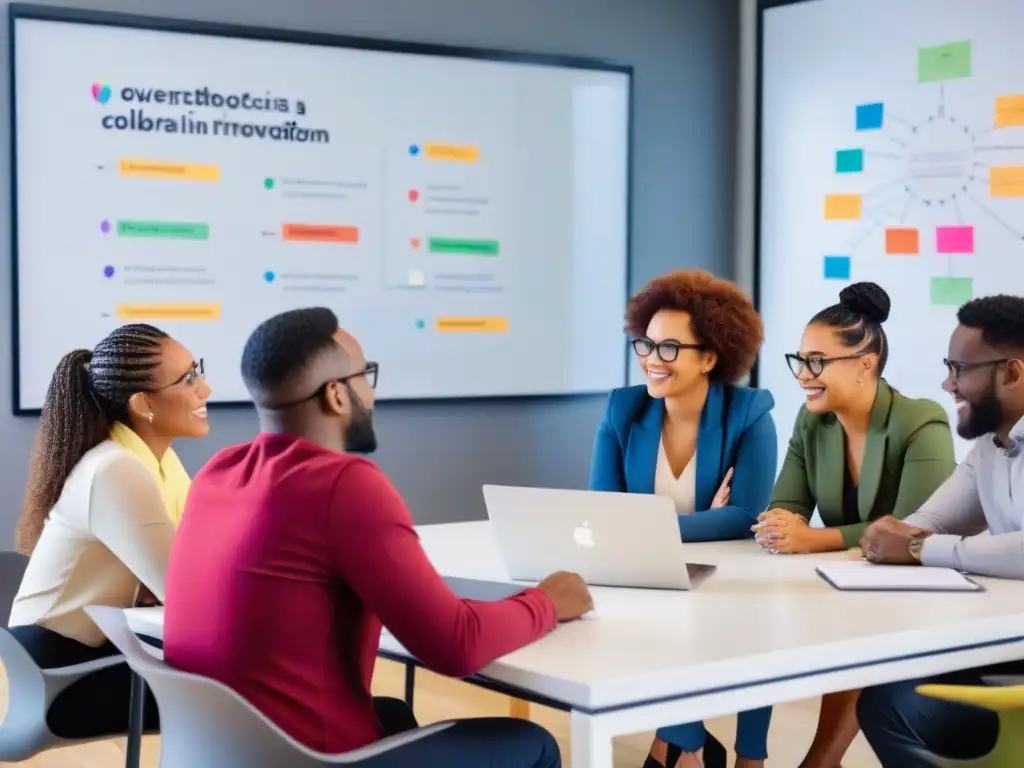 Jóvenes emprendedores colaborando en un espacio de coworking iluminado, con laptops y pizarras llenas de ideas