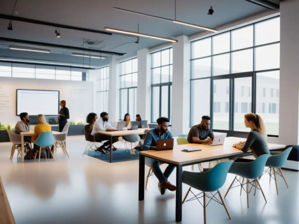 Jóvenes emprendedores colaboran en un espacio de coworking moderno en Uruguay, reflejando la creatividad de las startups educativas