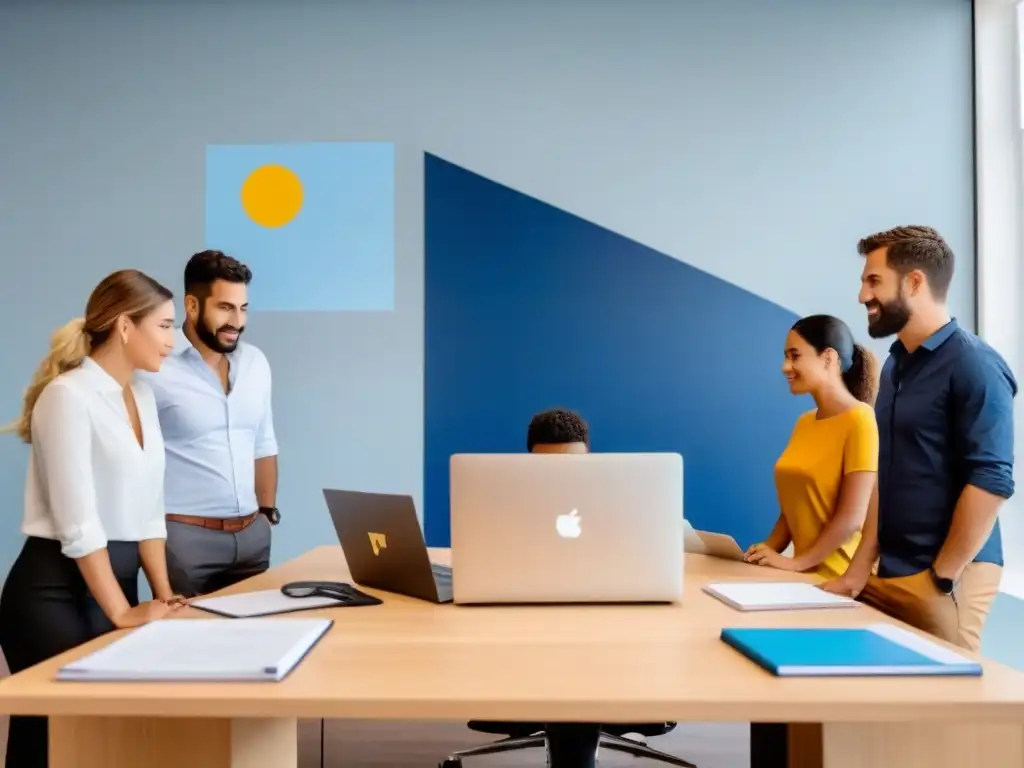 Jóvenes emprendedores uruguayos colaborando en un espacio de coworking moderno, con laptops y bandera uruguaya en el fondo