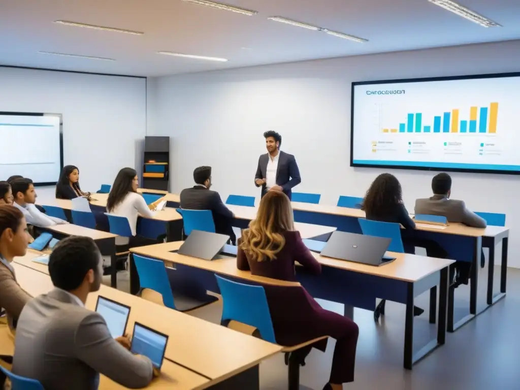 Jóvenes emprendedores uruguayos participan activamente en taller de educación financiera y emprendimiento en aula moderna