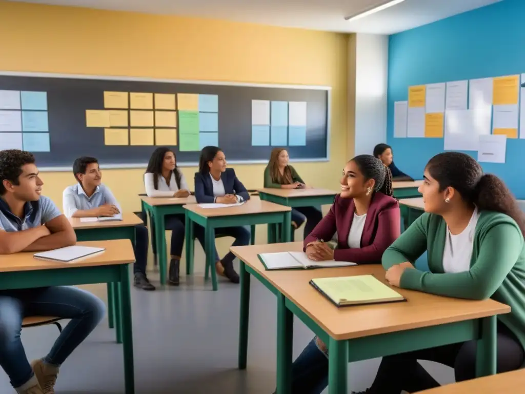 Jóvenes estudiantes en aula uruguaya, discutiendo educación emprendimiento economía dinámica