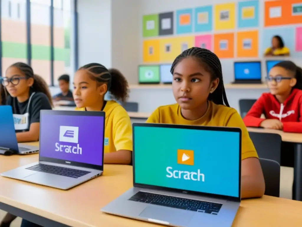 Jóvenes estudiantes programando en Scratch en un aula moderna y colaborativa