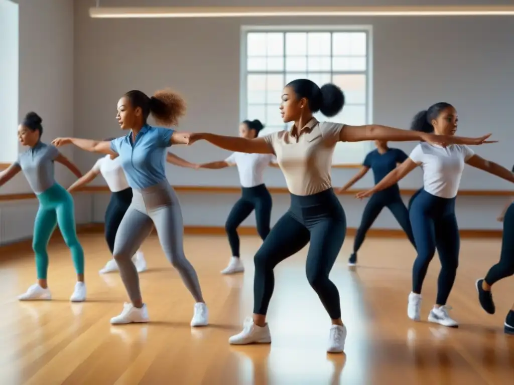 Jóvenes estudiantes en clase de danza, concentración y alegría iluminan el aula