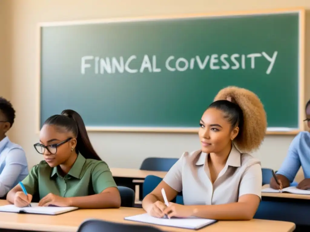 Jóvenes estudiantes diversos en clase de educación financiera, colaboración y diversidad