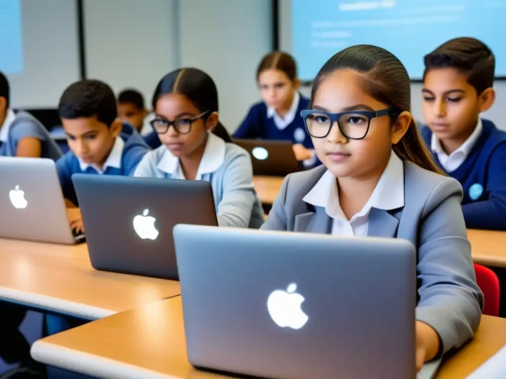 Jóvenes estudiantes en Uruguay programando juntos en un aula moderna