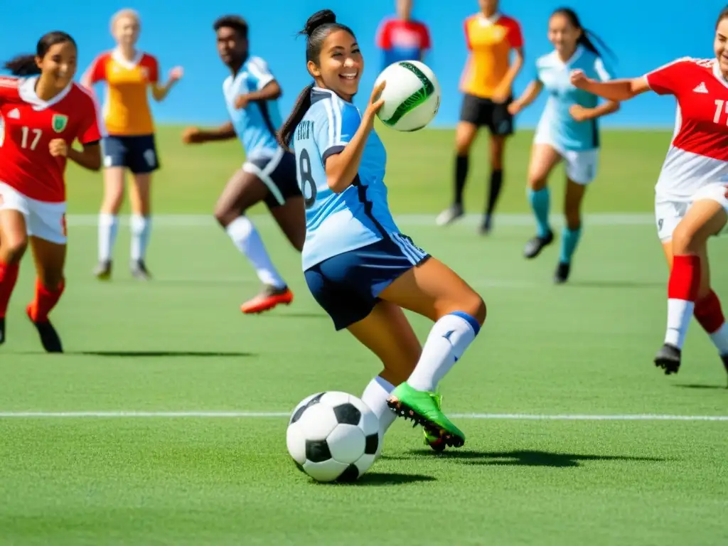 Jóvenes estudiantes de diferentes países juegan fútbol, representando la innovadora enseñanza de lenguas extranjeras en Uruguay