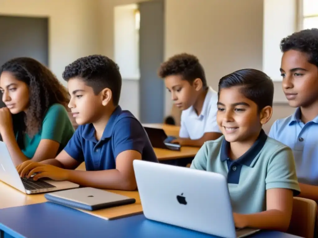 Jóvenes estudiantes uruguayos colaborando con competencias digitales en aula moderna