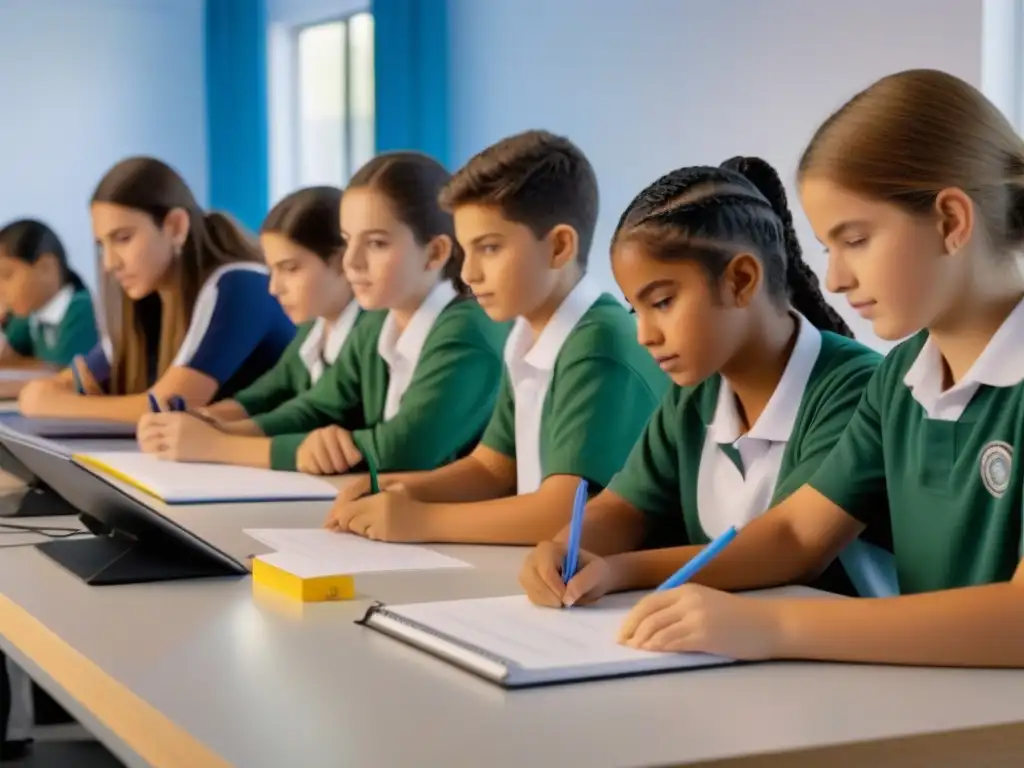 Jóvenes estudiantes uruguayos en aula STEM moderna, destacando educación STEM en Uruguay