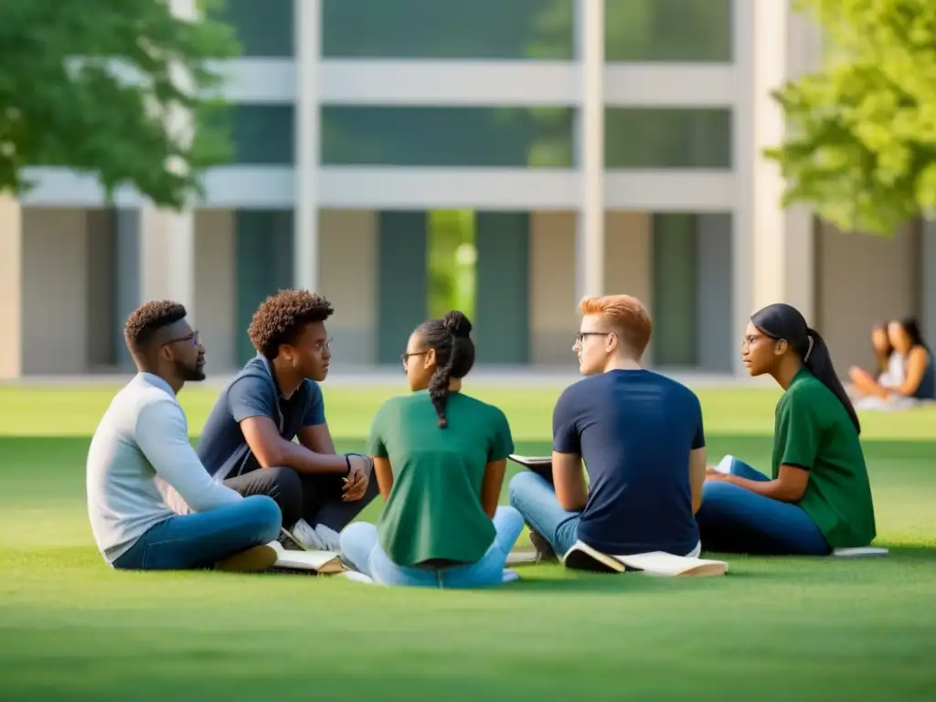 Jóvenes estudiantes variados preparándose para la universidad sin endeudarse en un campus verde y moderno