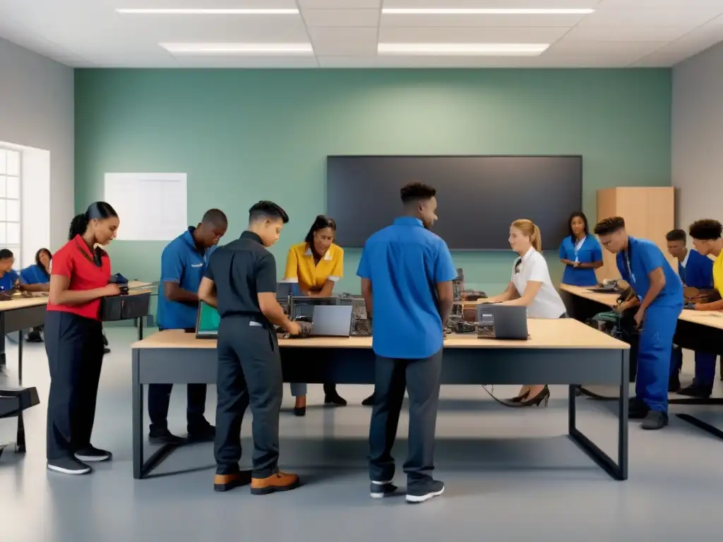 Jóvenes de diversas etnias y géneros colaboran en un aula moderna, destacando la educación técnica vocacional en Uruguay