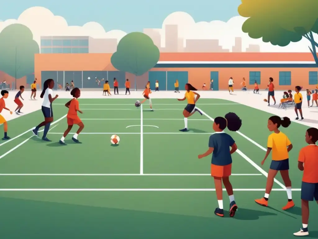 Jóvenes de distintas etnias y géneros practican deportes juntos en escuela, promoviendo igualdad género escuelas Uruguay