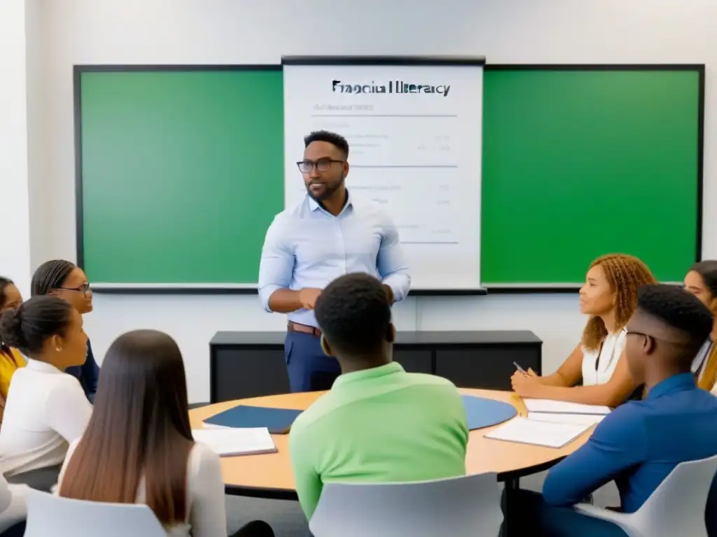 Jóvenes aprenden finanzas con asesor en aula moderna