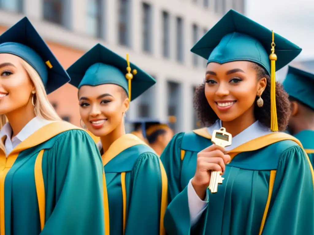 Jóvenes graduados con llaves simbólicas, representando la transición a la vida post escolar