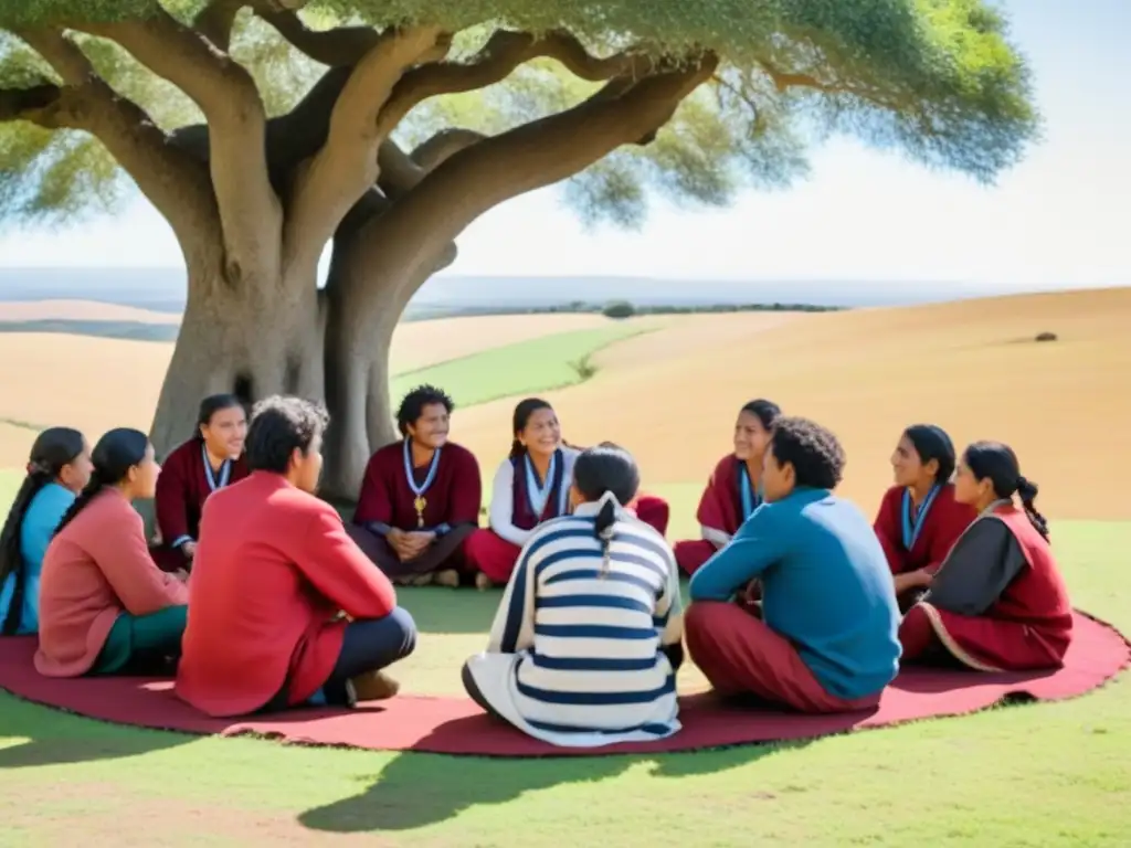 Jóvenes indígenas de Uruguay en círculo bajo un árbol, vistiendo atuendos tradicionales, hablando y compartiendo, resaltando la educación inclusiva