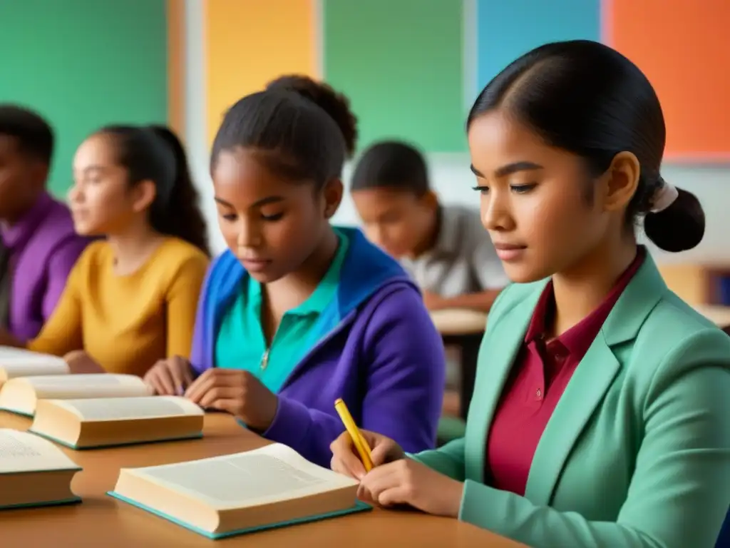 Jóvenes inmersos en actividades de aprendizaje rodeados de libros coloridos y materiales educativos