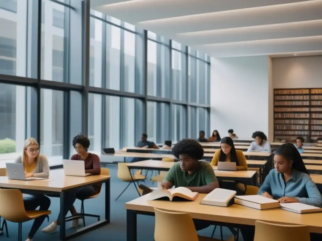 Jóvenes diversos estudian juntos en una moderna biblioteca universitaria, preparándose para la universidad sin endeudarse