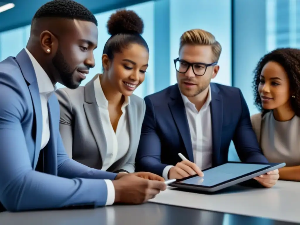 Jóvenes profesionales discuten estrategias de inversión en oficina moderna