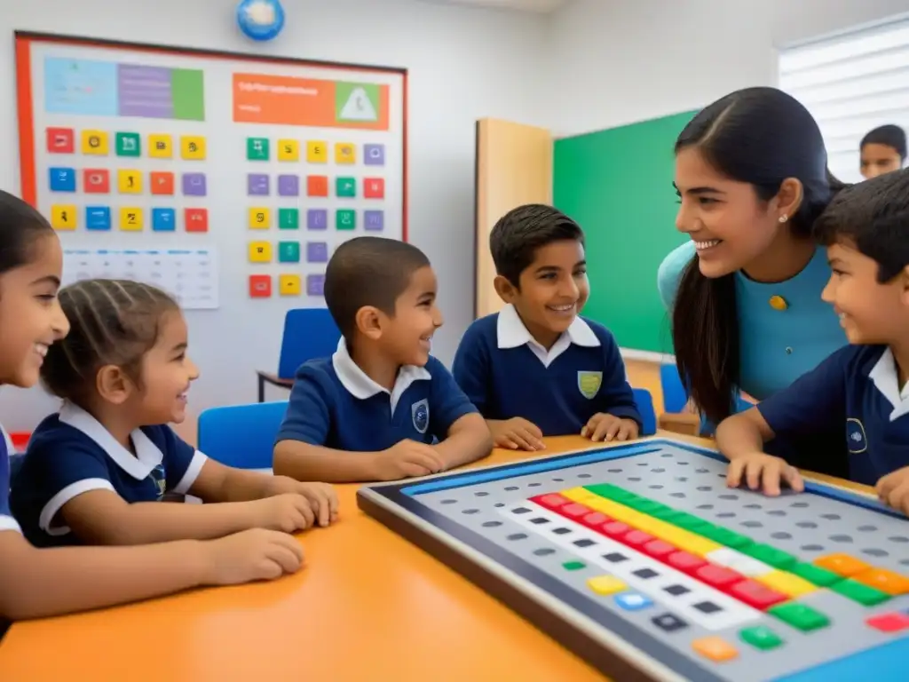 Niños programando juntos en aula interactiva en Uruguay Jóvenes programadores en aula moderna con plataformas educativas de programación para niños en Uruguay