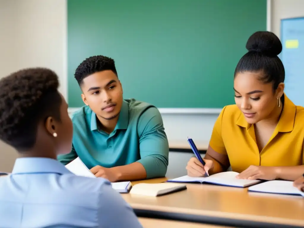 Jóvenes diversos participan en taller de educación financiera en aula moderna, preparándose para la universidad sin endeudarse