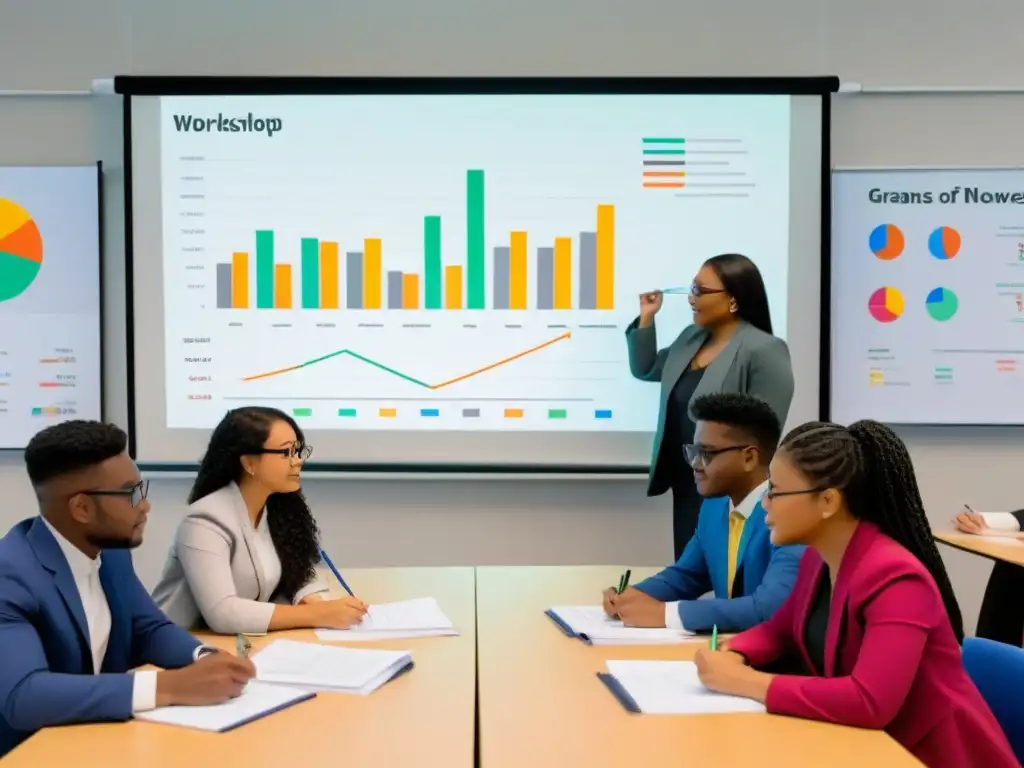 Jóvenes participando en un taller de educación financiera en Uruguay, rodeados de gráficos vibrantes y símbolos económicos