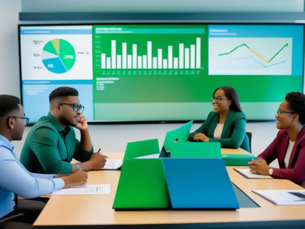 Jóvenes aprendiendo en un taller de educación financiera, rodeados de gráficos y alcancías, en un aula moderna con pantallas digitales