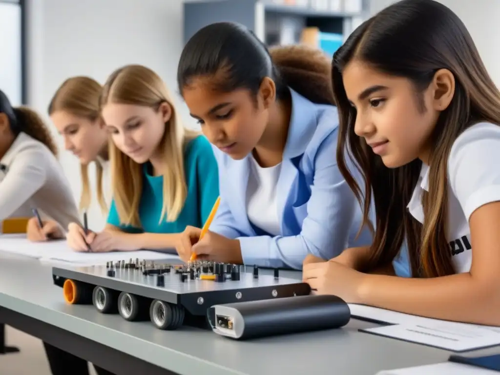 Jóvenes uruguayas enfocadas en proyectos STEM, colaborando en un aula moderna y brillante