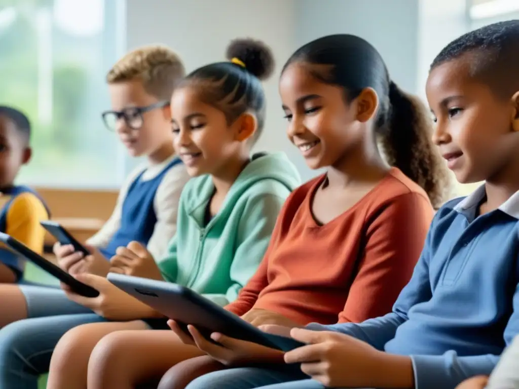 Jóvenes uruguayos en aula jugando en tablets, mezcla de educación tradicional y gamificación