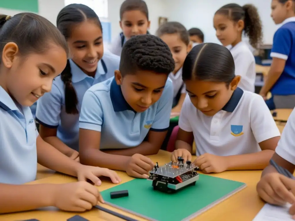 Jóvenes uruguayos disfrutan de la educación STEM en Uruguay, colaborando y experimentando en un aula