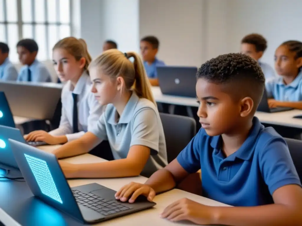 Jóvenes uruguayos concentrados en programación en aula futurista, resaltando la importancia de la programación en educación en Uruguay