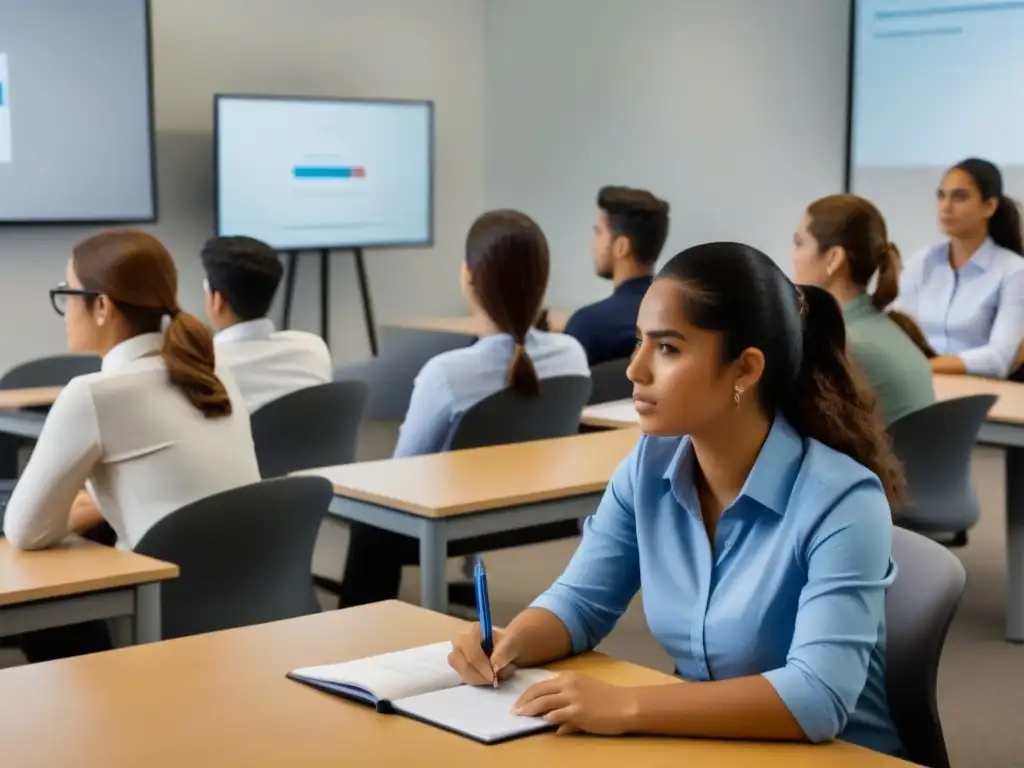 Jóvenes uruguayos aprenden educación financiera en un aula moderna y luminosa