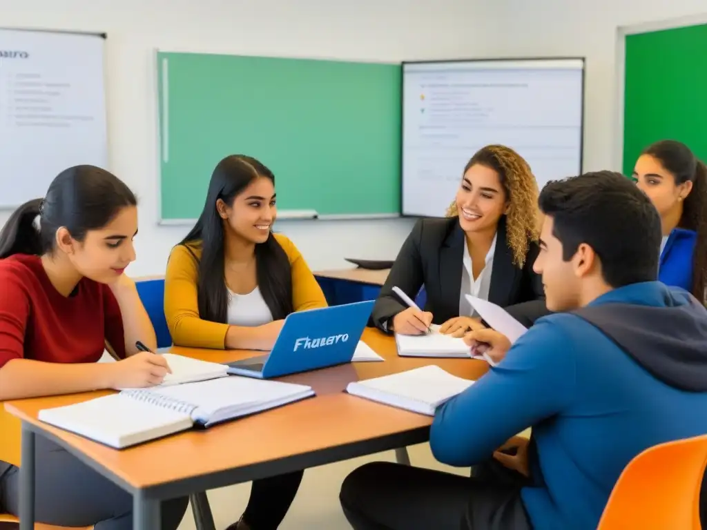 Jóvenes uruguayos aprenden finanzas: diversidad en acción Jóvenes uruguayos aprenden educación financiera en un aula moderna y diversa, con calculadoras y cuadernos, debatiendo conceptos financieros