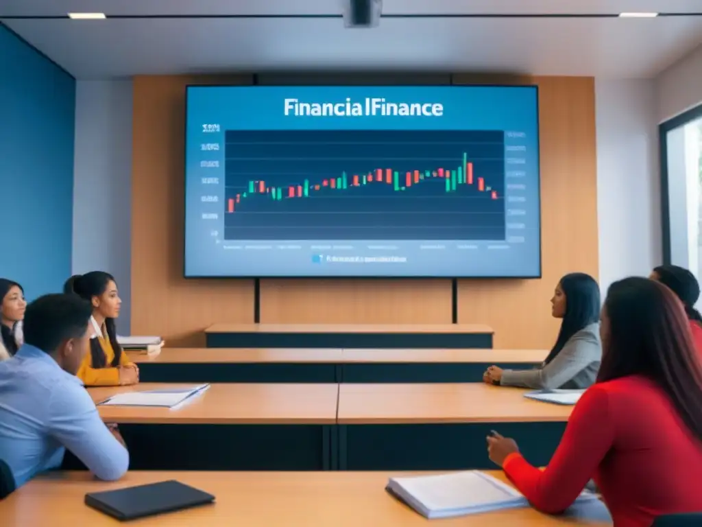 Clase de educación financiera: jóvenes atentos a aprender Jóvenes uruguayos aprendiendo educación financiera en aula moderna