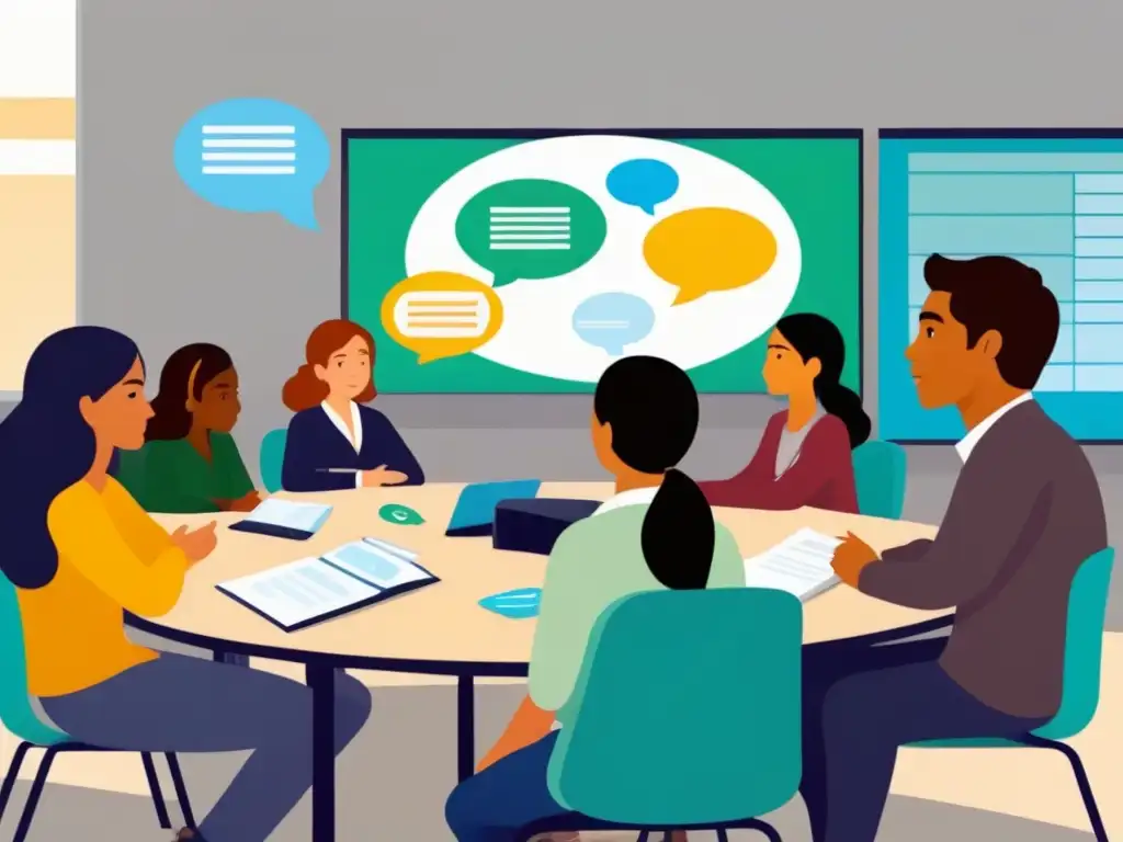 Jóvenes uruguayos aprenden finanzas: ilustración detallada Jóvenes uruguayos aprenden educación financiera en un aula moderna y luminosa