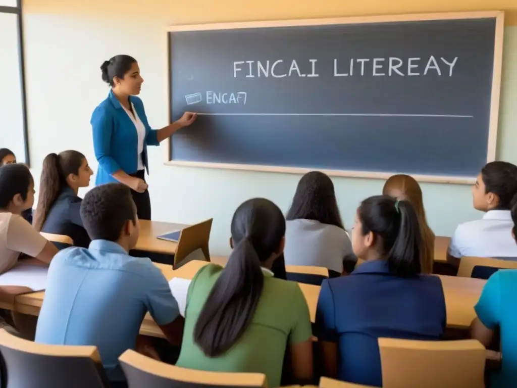 Jóvenes uruguayos aprendiendo finanzas: ilustración detallada y minimalista Jóvenes uruguayos aprenden educación financiera en un aula moderna y diversa