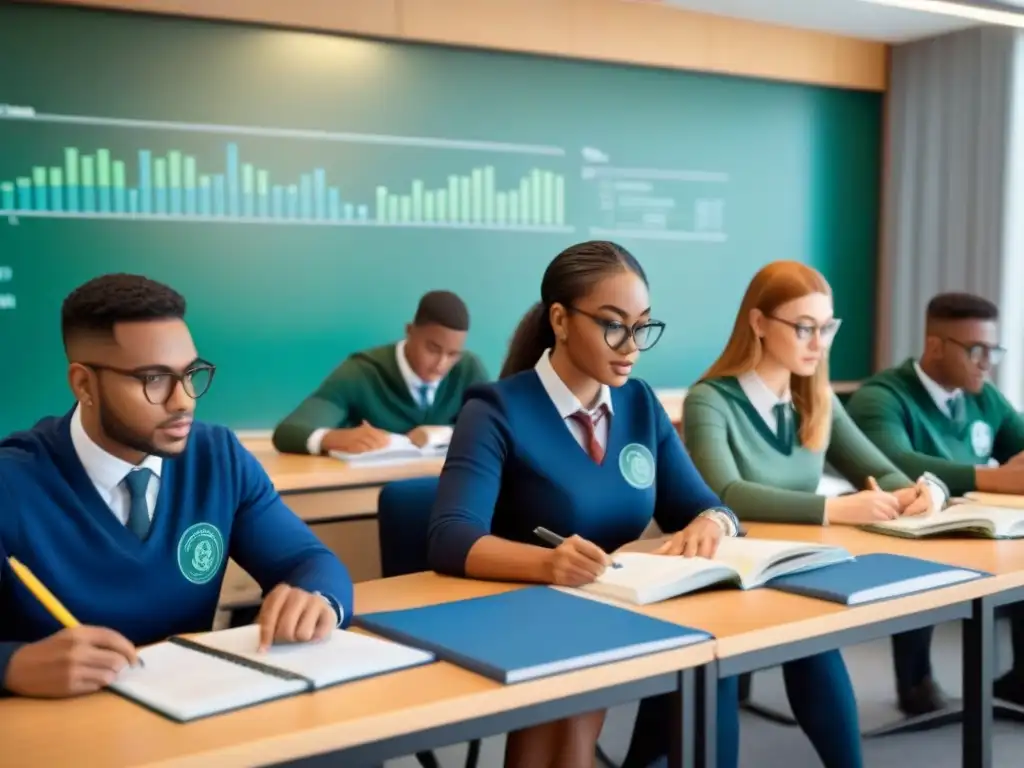 Jóvenes uruguayos aprenden educación financiera en clase con libros, laptops y símbolos financieros, demostrando determinación y atención