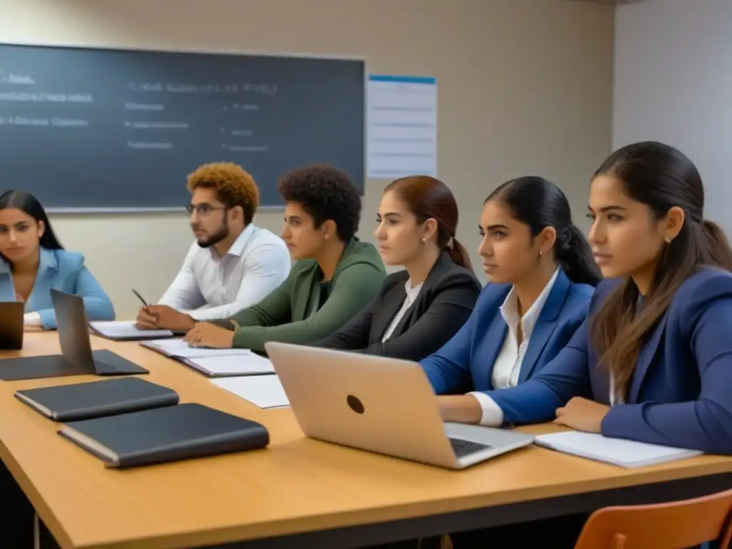 Jóvenes uruguayos aprenden educación financiera en clase moderna con laptops y cuadernos, concentrados