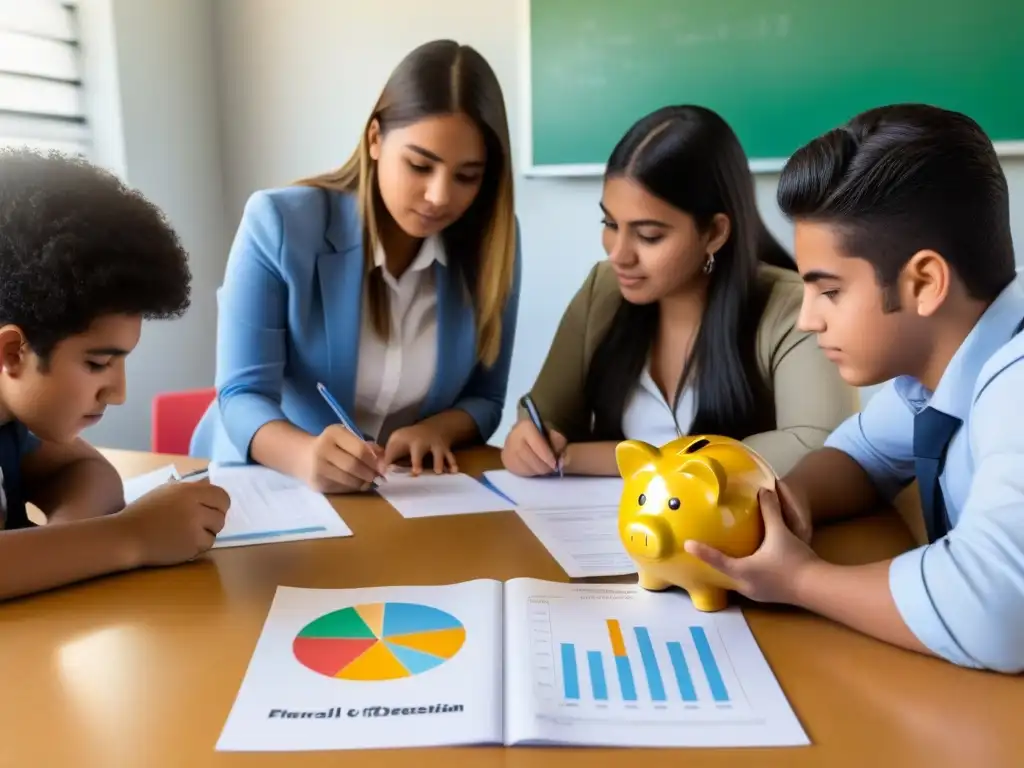 Jóvenes uruguayos aprenden finanzas con entusiasmo Jóvenes uruguayos aprenden educación financiera en un taller con gráficos y alcancías, en un aula iluminada y acogedora