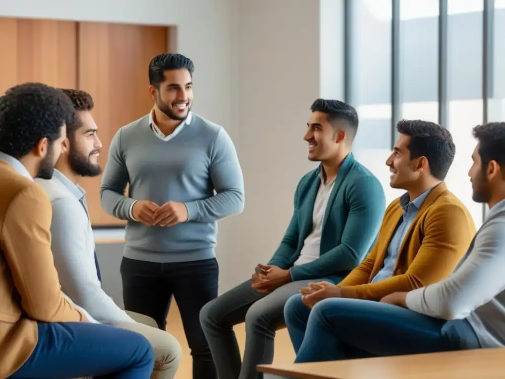 Jóvenes uruguayos discuten ideas en un aula moderna, promoviendo masculinidades positivas y educación en Uruguay