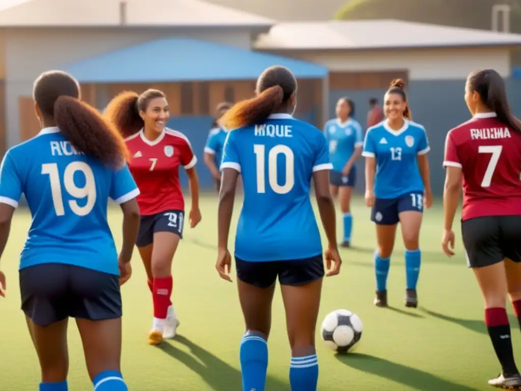 Juego de fútbol amistoso entre estudiantes diversos en la escuela, promoviendo igualdad de género en Uruguay