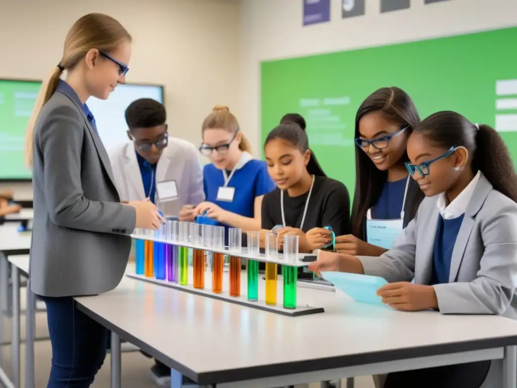 Una revolución STEM en Uruguay: estudiantes diversos trabajando juntos en experimentos de ciencia y tecnología en un aula moderna y acogedora