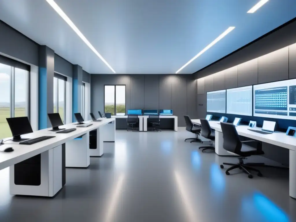 Un laboratorio de ingeniería futurista en Uruguay con equipos de alta tecnología y diseño minimalista en blanco, gris y azul suave