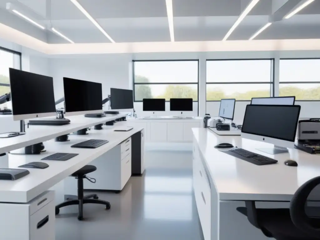 Un laboratorio de ingeniería moderno y futurista en Uruguay, equipado con tecnología de vanguardia y mucha luz natural