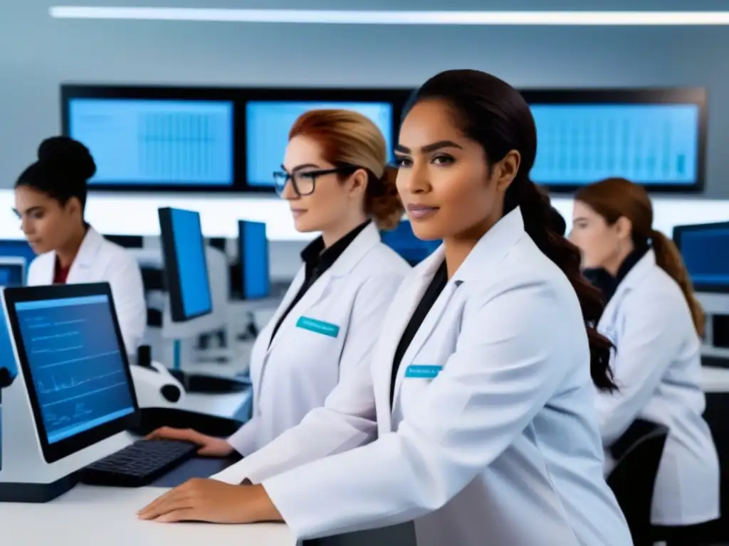 Un laboratorio STEM moderno con mujeres uruguayas trabajando juntas en innovación