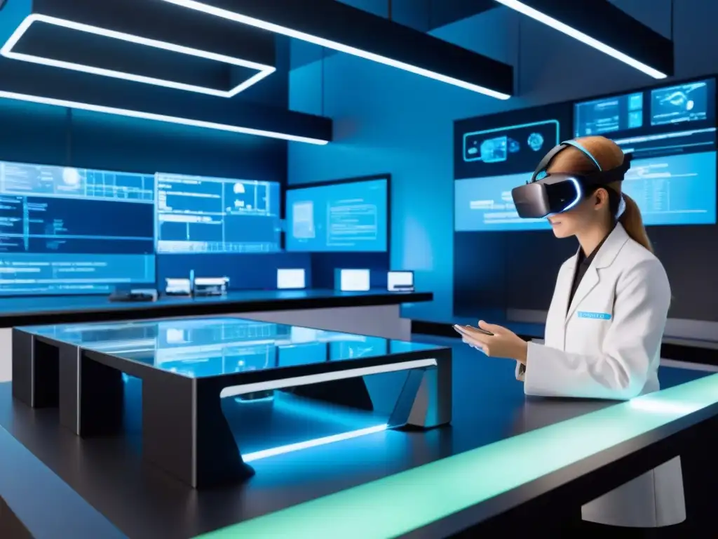 Laboratorio virtual futurista en Uruguay con tecnología avanzada y estudiantes usando auriculares de realidad virtual