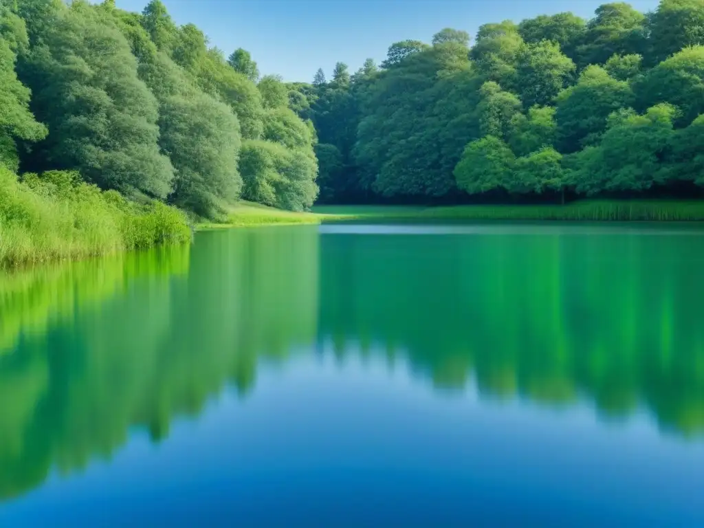 Reflexión serena: Lago tranquilo bajo cielo azul y árboles verdes Un lago sereno reflejando el cielo azul, rodeado de árboles verdes, inspirando técnicas de pensamiento crítico creativo