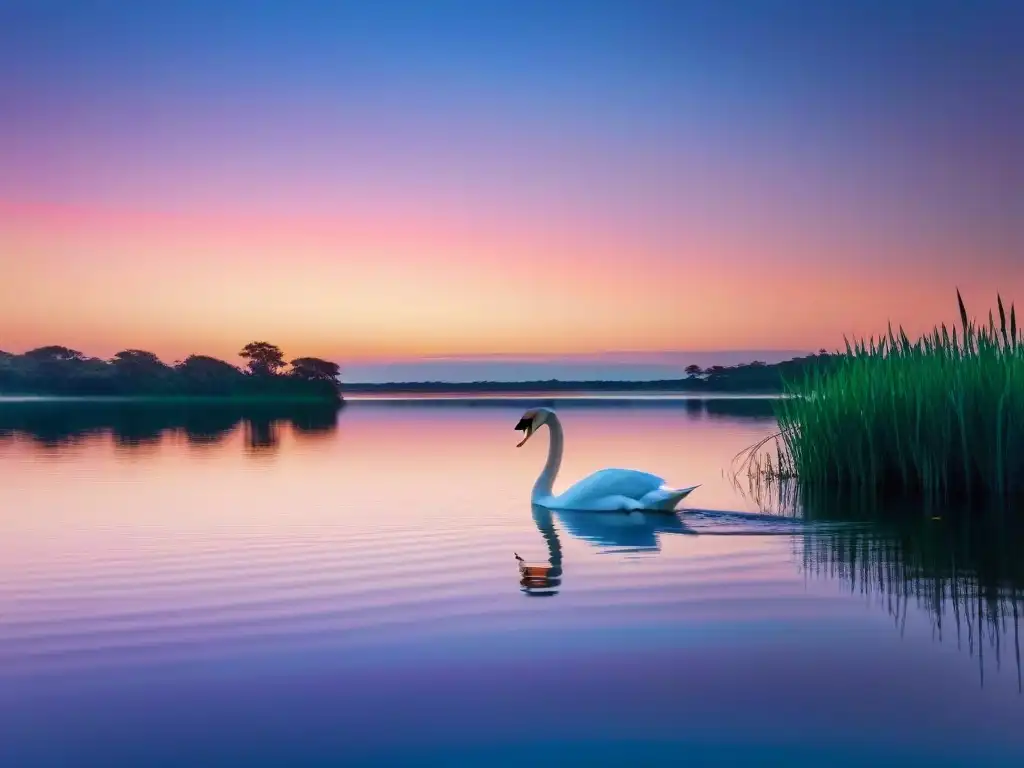 Un lago sereno reflejando los colores del atardecer, con un cisne solitario y exuberante vegetación