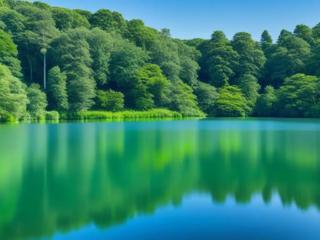 Un lago sereno rodeado de árboles verdes, reflejando el cielo azul