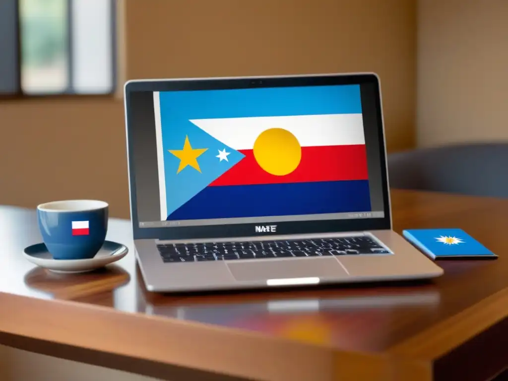 Laptop con bandera uruguaya y mate en escritorio de madera