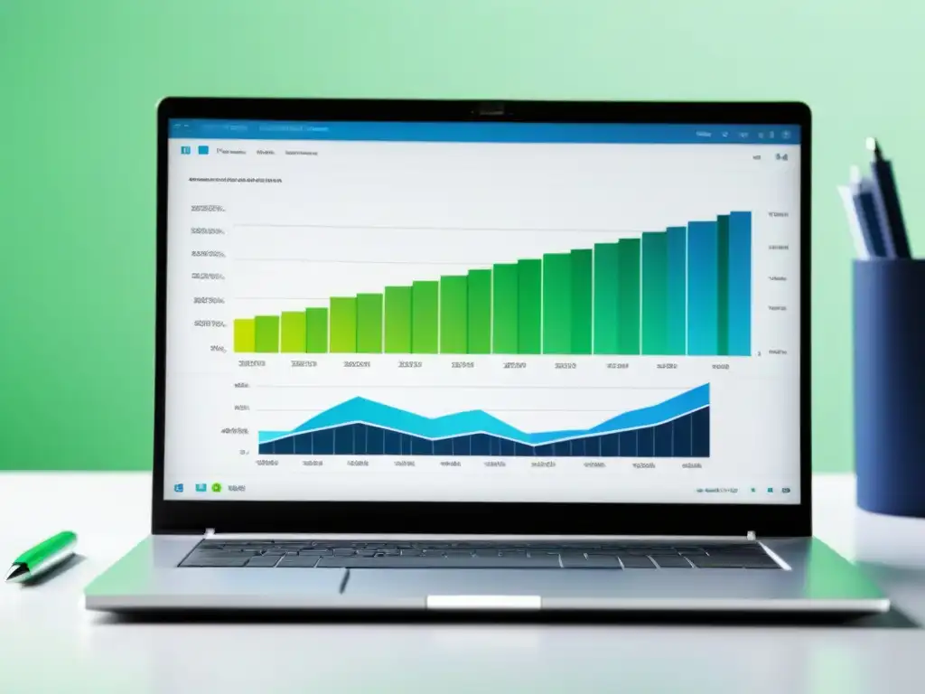 Un laptop moderno muestra gráfica dinámica en un escritorio blanco con aura de profesionalismo y productividad