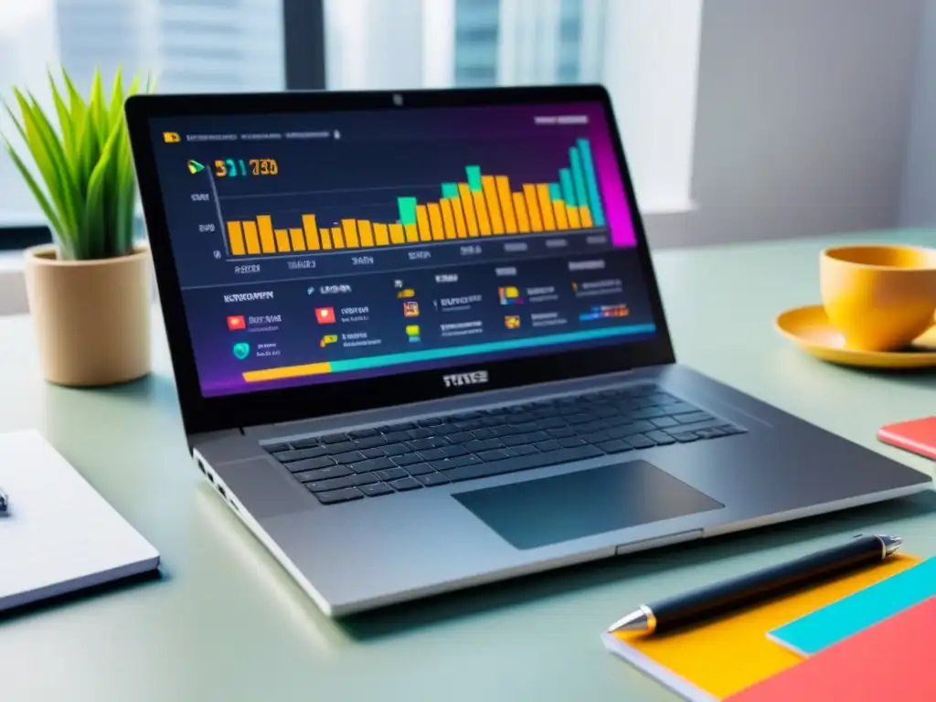 Portátil moderno con gráfico financiero y iconos coloridos Laptop moderno con gráfico financiero y iconos coloridos, ideal para cursos finanzas jóvenes emprendedores en Uruguay